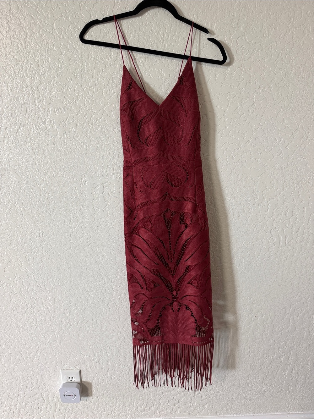 Spaghetti Strap Burgundy Fringe Midi Dress